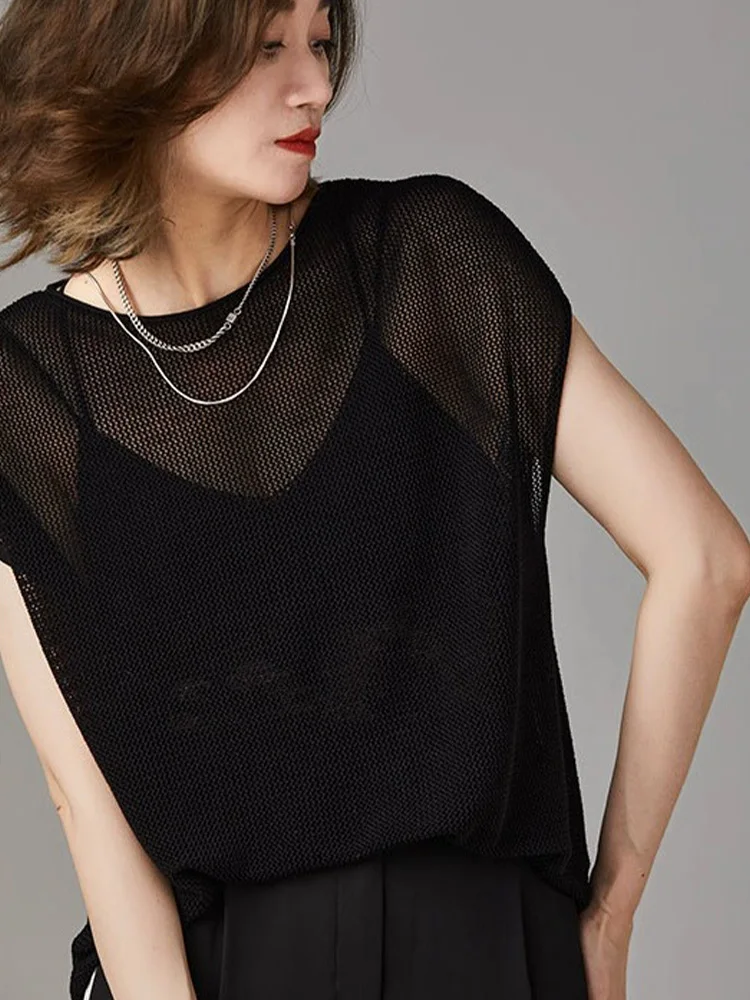 NOVEDAD DE VERANO 2025 Faion prendas de punto caladas holgadas informales ort Sve Top de mujer Color puro versátil cómodo coreano Sle