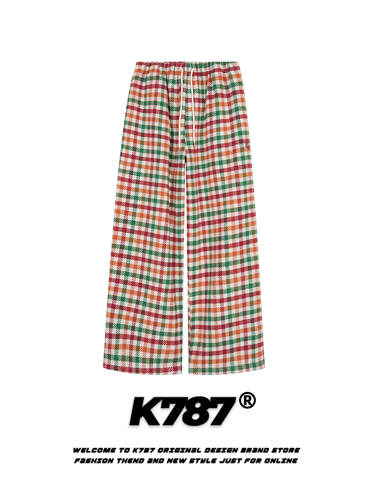 

Брюки K787 в американском уличном стиле, в клетку, с вышивкой, широкие, свободные, повседневные, с высокой талией, на шнурке, в пол