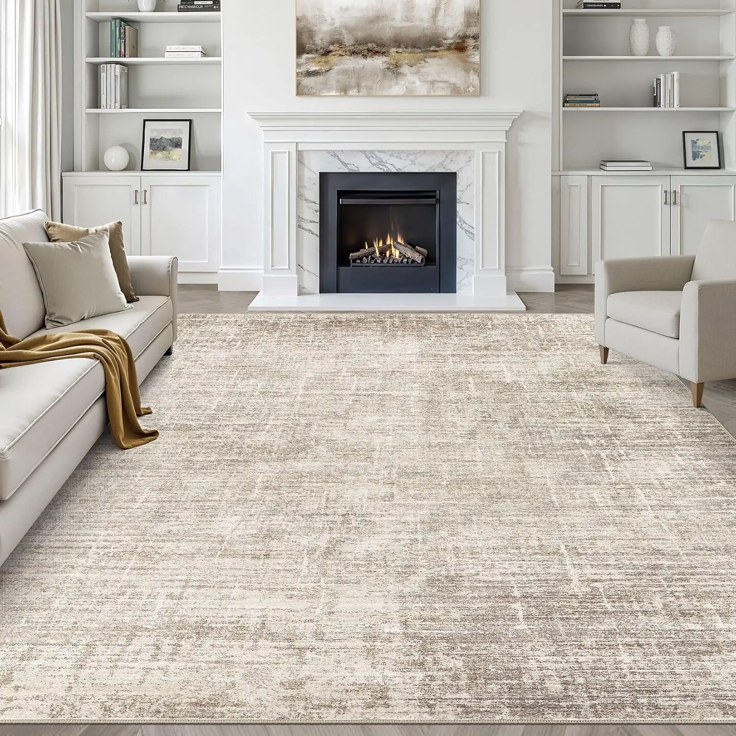 

Washable Abstract Rug 8x10 - Soft Non-Slip Carpet for Living Room, Bedroom, Office, Neutral Brown