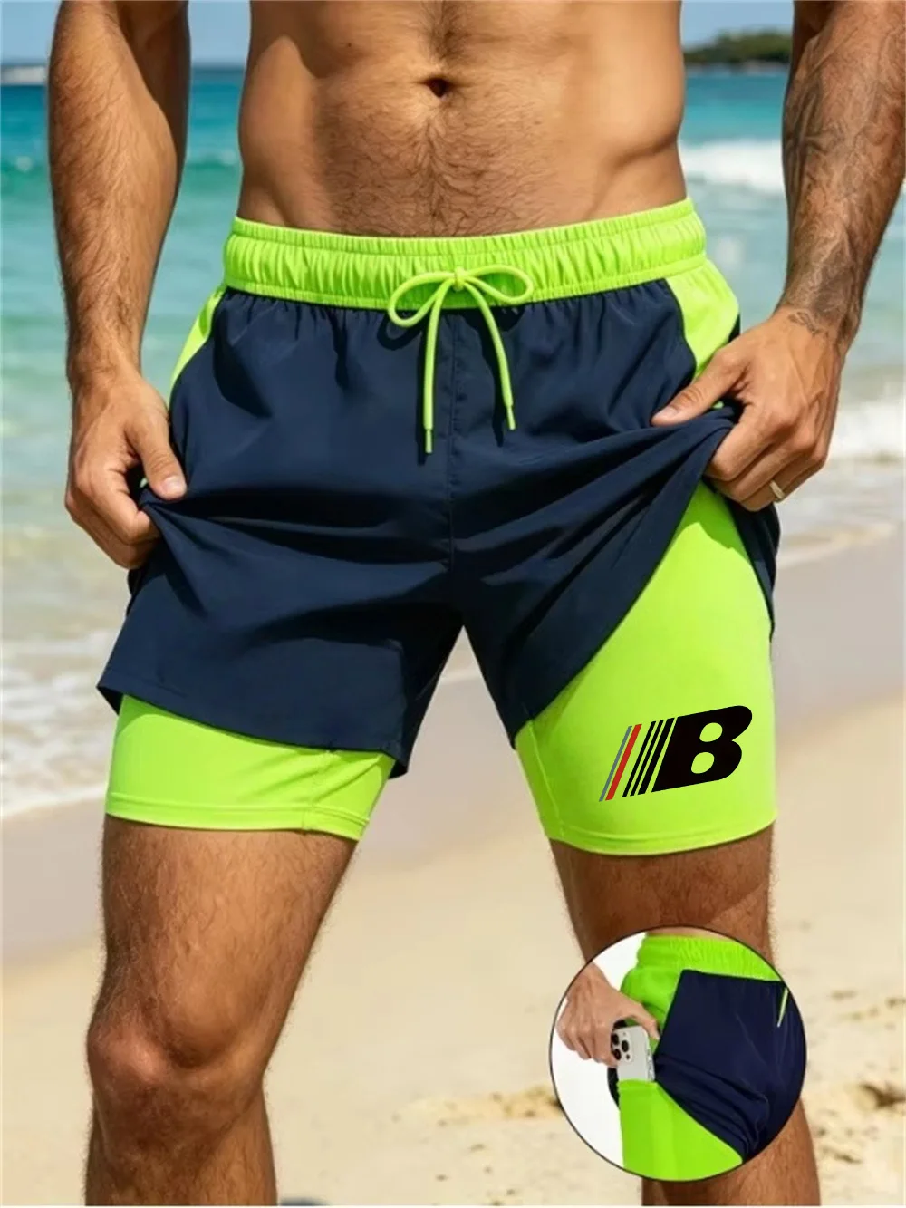 Men'S 2-In-1 Look Double Layer Printed Sports Shorts For Indoor/Outdoor Use Color Block Multi-Pocket Gym Running Outdoor Shorts