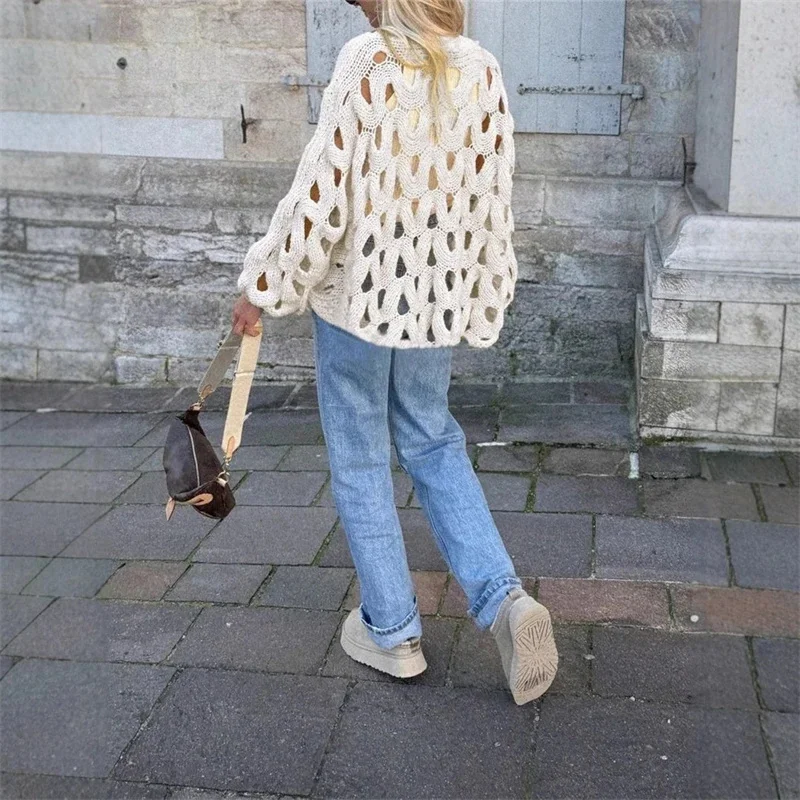 

Легкий вязаный свитер с ажурным узором и длинными рукавами для женщин, повседневный, для пляжа, отпуска, курорта, летний подарок, в стиле бохо