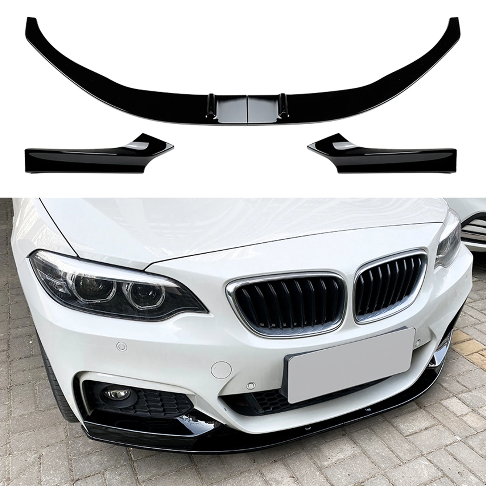 

For BMW 2 Series F22 F23 M Sport Only 2014-2021 M235i M240i Carbon Look/Gloss Black Front Bumper Spoiler Lip+Side Splitter Cover