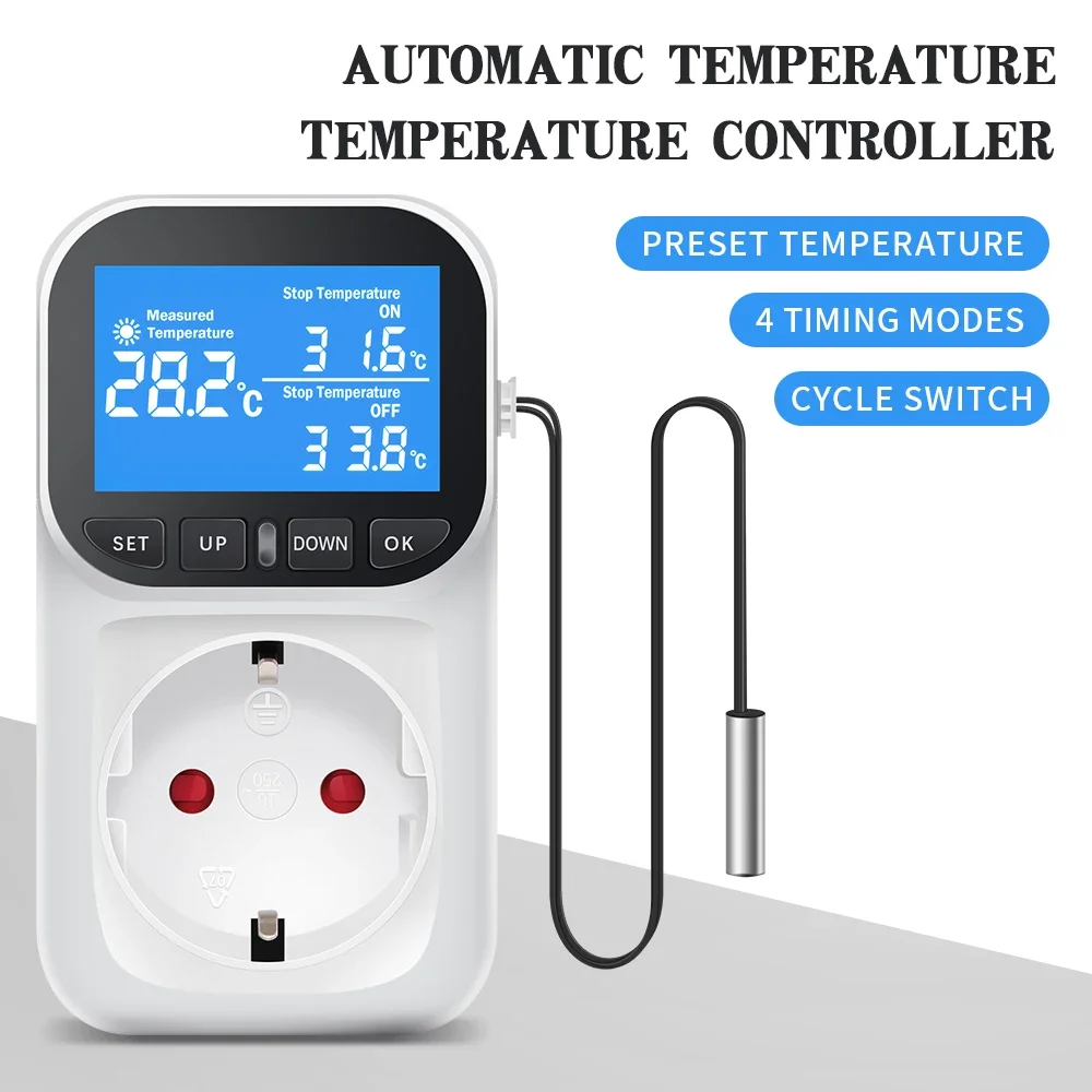 Digital Temperature Controller Socket Outlet EU Plug Thermostat With Timer Sensor Probe Heating Cooling Switch 16A Backlight