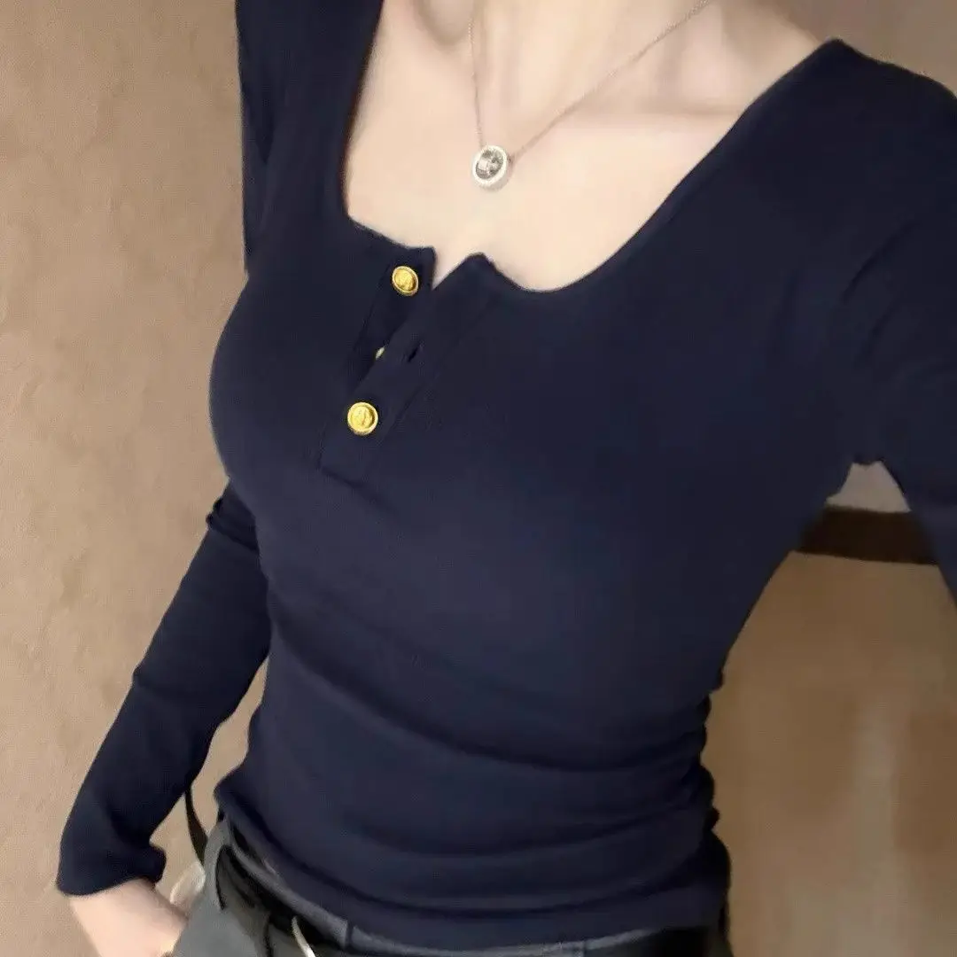 New women's autumn and spring clothing, slimming and slimming casual American retro U-neck long-sleeve T-shirt