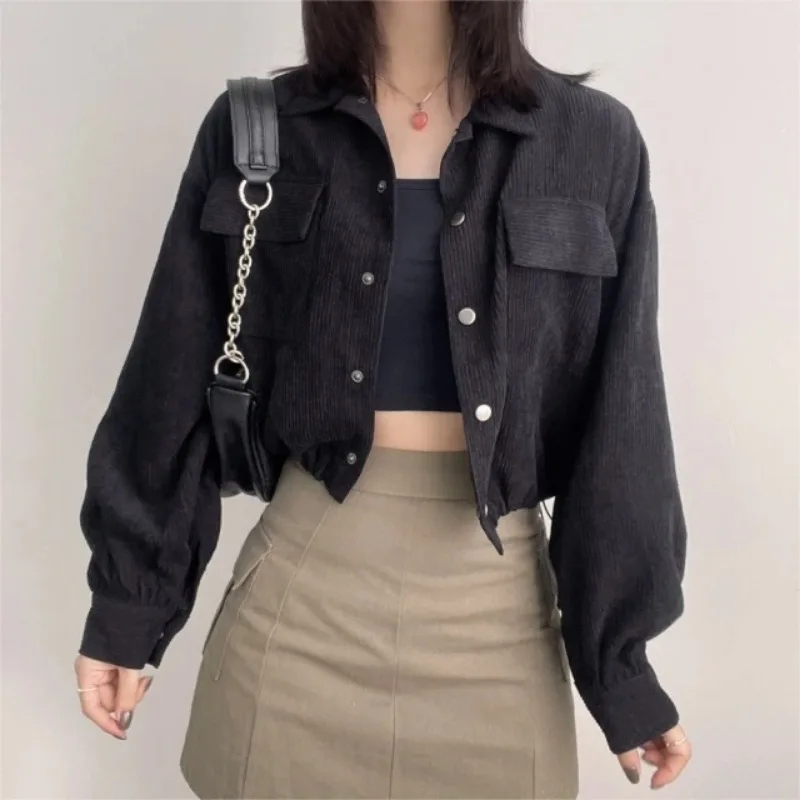 

Chic New Retro Simple Lapel Short Drawstring Long Sleeve Shirt Top Corduroy Loose Jacket