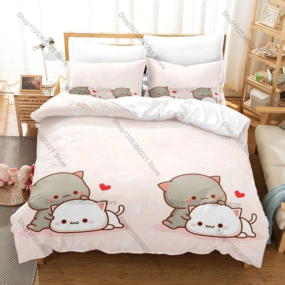 Personality Adorable Peach And Goma Cat Bedding Set New Sweet Couple Printed Duvet Cover Soft Bed Set For Girls Kids Room