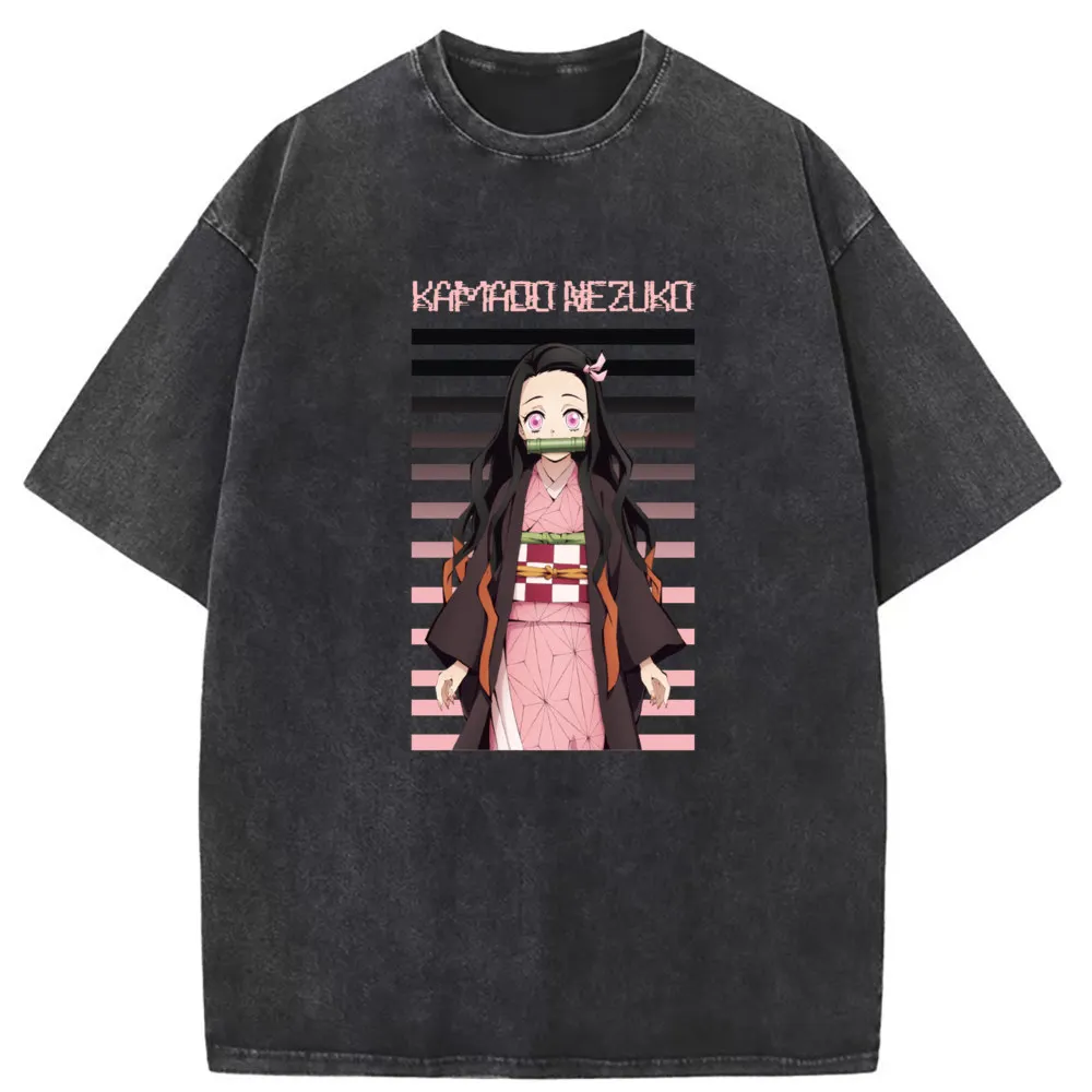 

Kamado Nezuko Man Anime Printed T-shirts Vintage Washed Cotton Sweatshirts Long Sleeve Tee Shirts Men Unisex Retro Tops