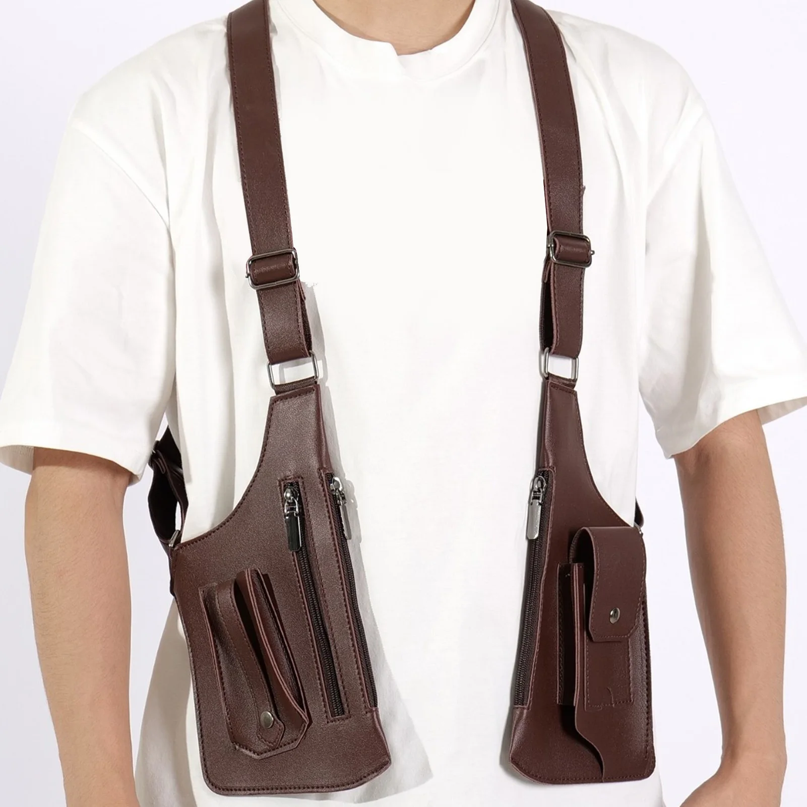 Double Shoulder Armpit Bag PU Adjustable Anti Theft Underarm Wallet Security Pouch with Dual Pockets for Men Women