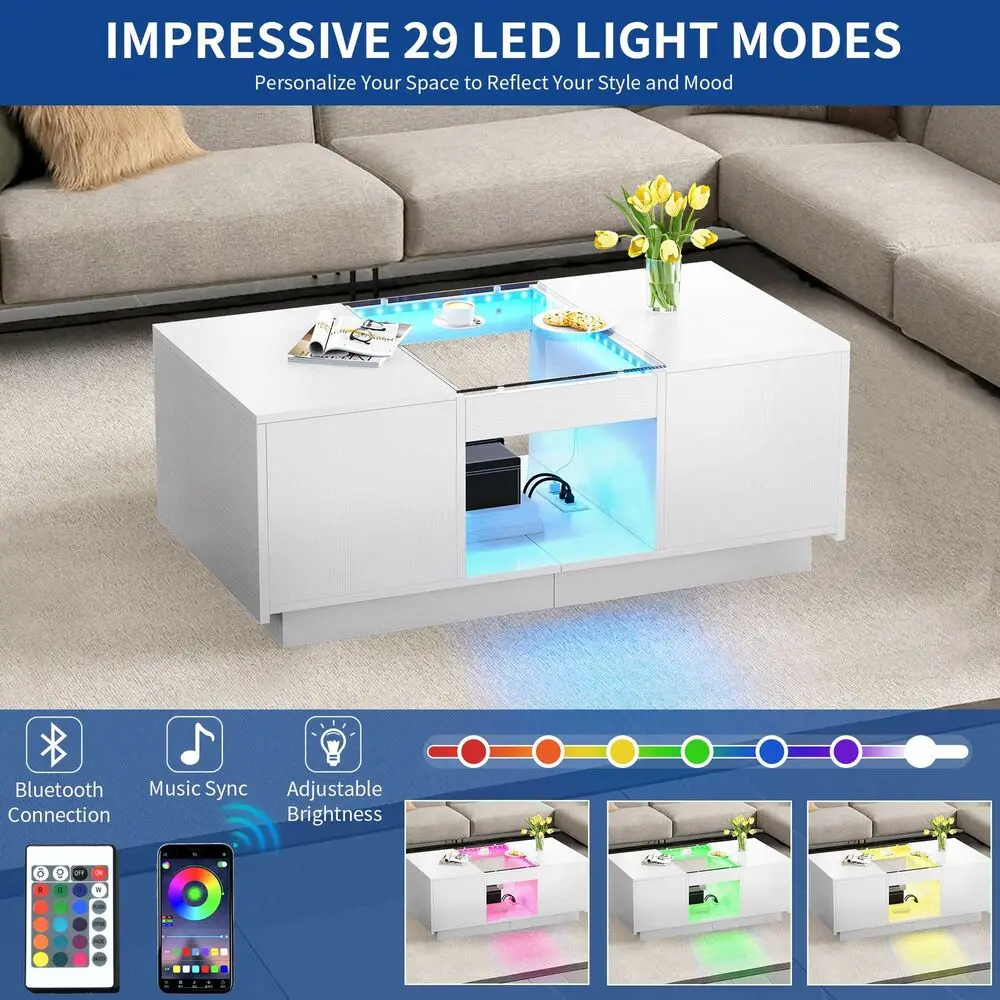 LED Coffee Table Modern Center Table with Charging Station Large Storage Drawers