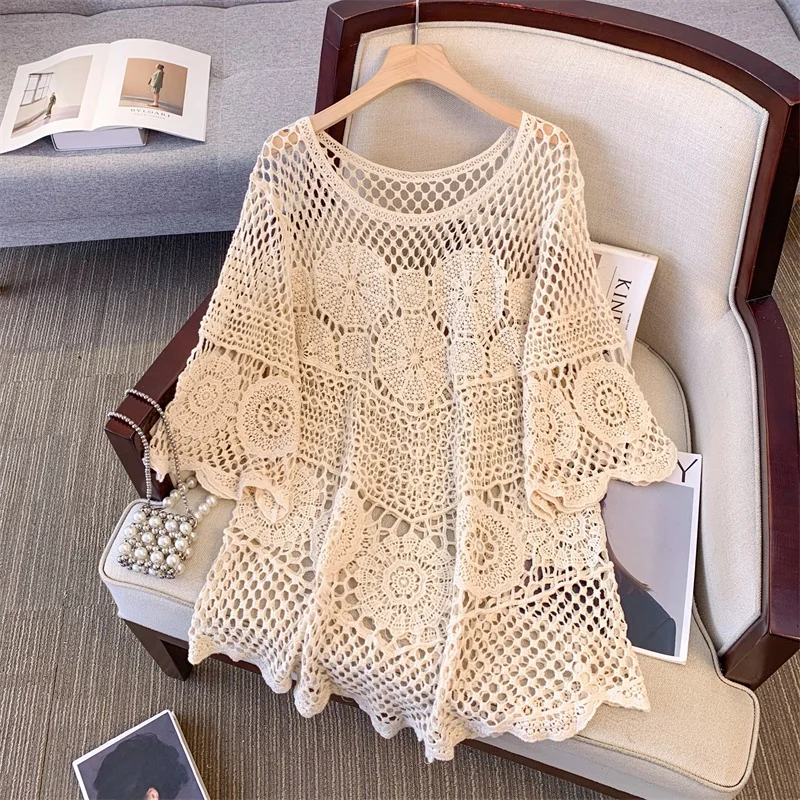 

n Women's Knitted Top Hollow out Layering Vaion Mid-Length Svel round Ne Cotton Blend Thin Seven-Sve