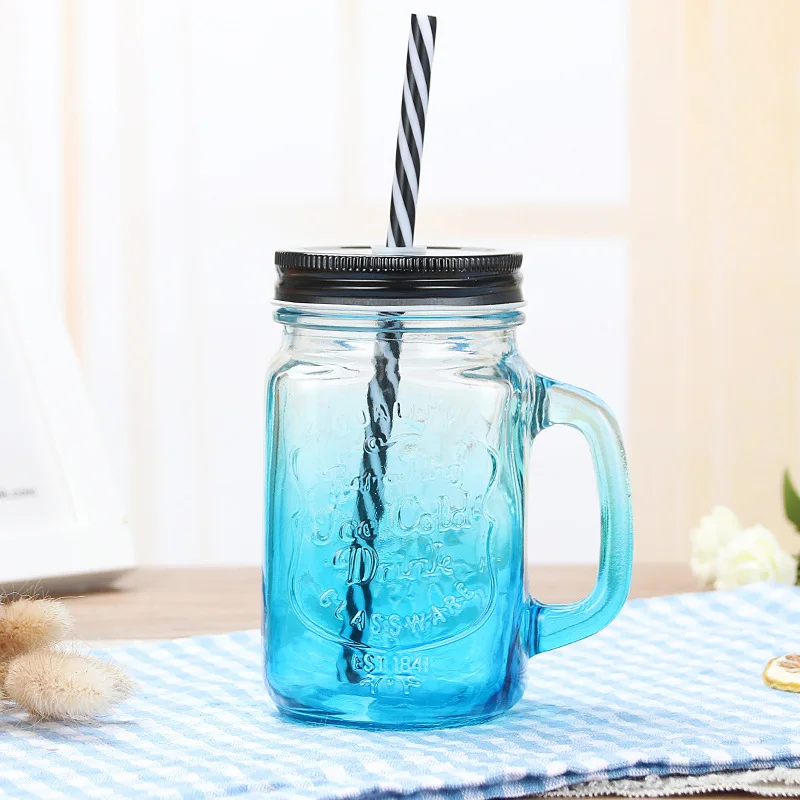 Colorful Glass Cups Clear Glass Water Cup Gradient Transparent Cap Straw Cold Drink Handle Mason Cup with Cover Drinkware Cups