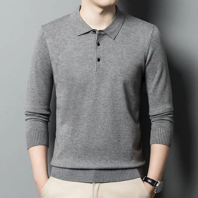

Spring Autumn Thin Long Sleeve Knitted Shirt Style Casual Wear Turn-down Collar T-shirt Neck Youth Men's Fashion