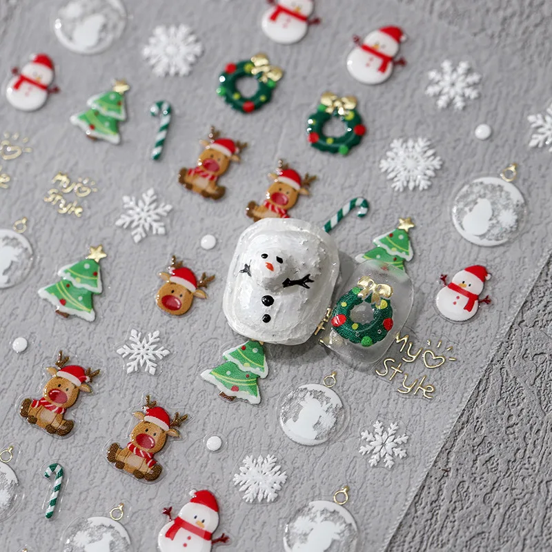 1 stuk 5D nieuwe ambachtelijke nagelstickers prachtige kerstgelei-serie nail art-stickers kerstsneeuwman nageldecoratiestickers
