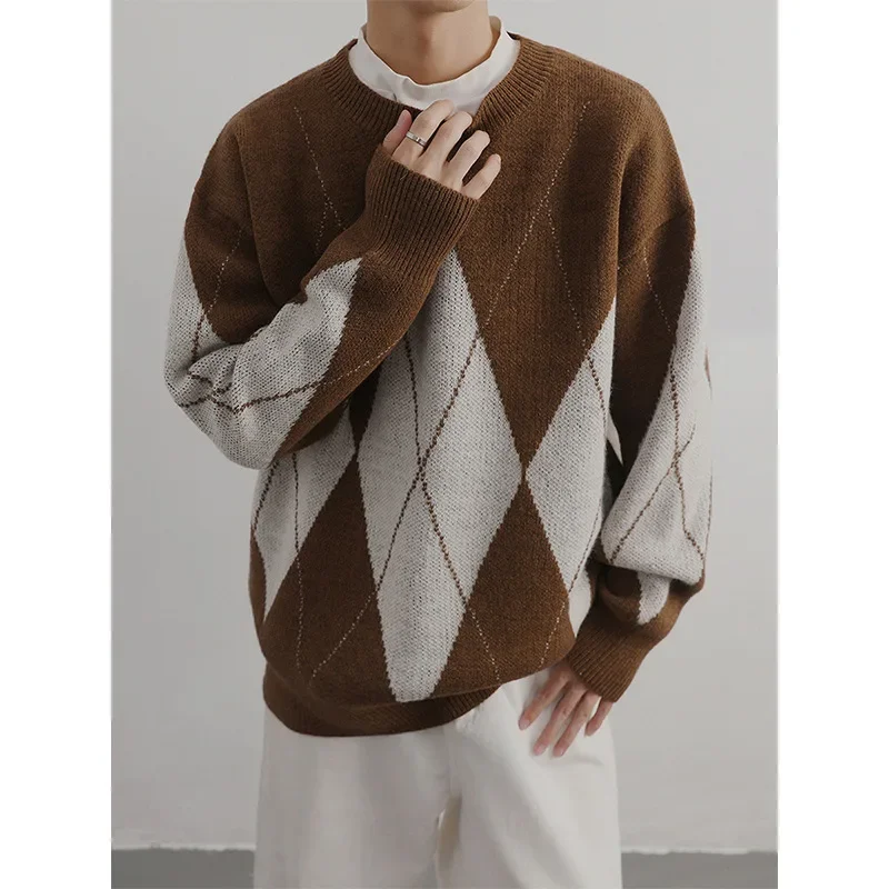 Maillard Brown Sweater For Men Loose Fit Casual Style Vintage Japanese Design Knitted Jumper With Crew Neck For Autumn Winter