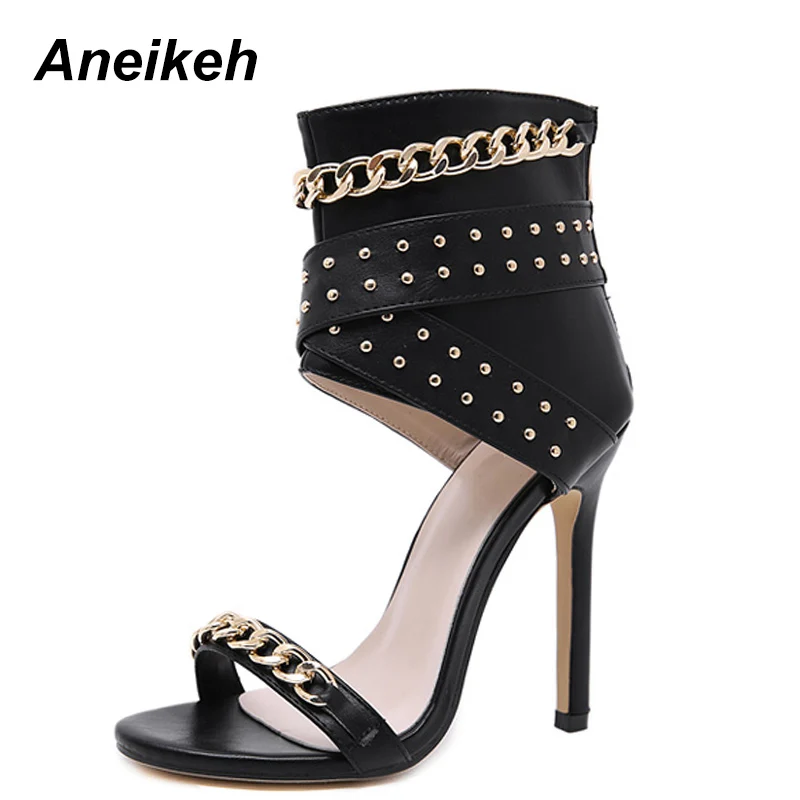 Aneikeh 2024 Sexy Rivet Metal Decoration High Heel Sandals Women Cover Heel For Party Gladiator Ladies Shoes Black Size 35-40