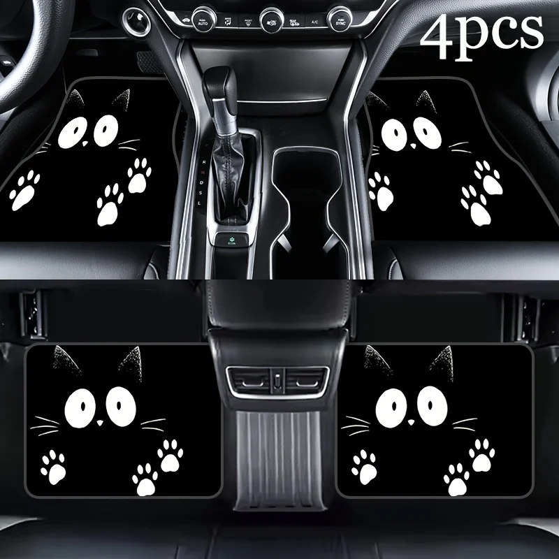 4pcs Cute Kitten Paw Print Universal Car Interior Floor Mats, Set Of 4, Suitable For Most Vehicle Models, SUVs, Family Sedans, P
