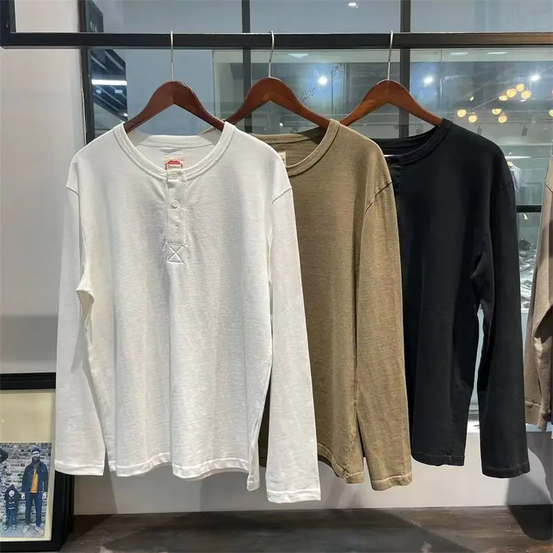 

Мужская свободная повседневная базовая футболка с длинным рукавом и воротником «Генри» в стиле ретро, большие размеры, весна-осень, модный бренд, 300 Pou