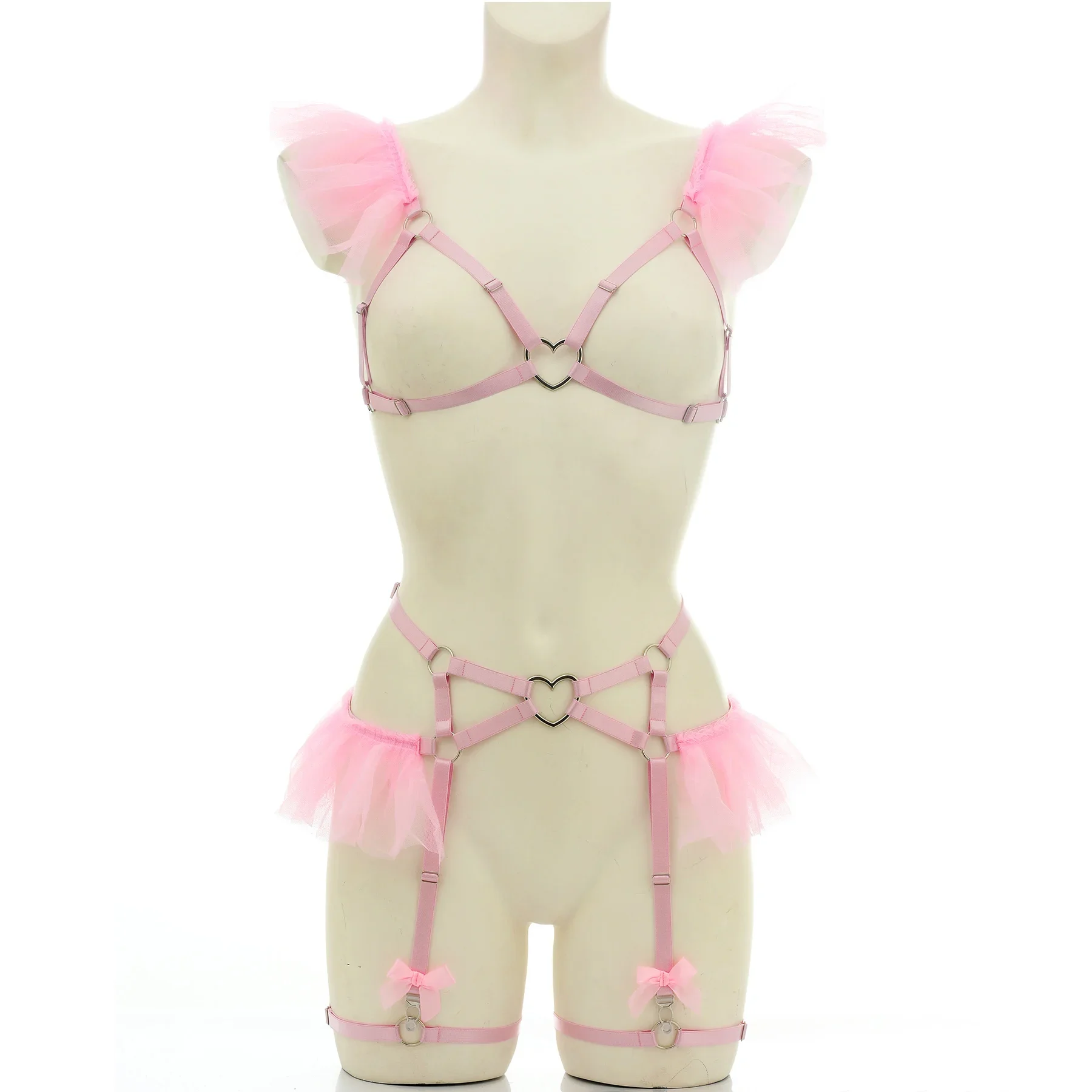 Pink Mesh Sexy Lingerie Women Heart Ring Body Harness Set Elastic Bondage Hollow Open Chest Harness Bra Adjustable Garter Belt