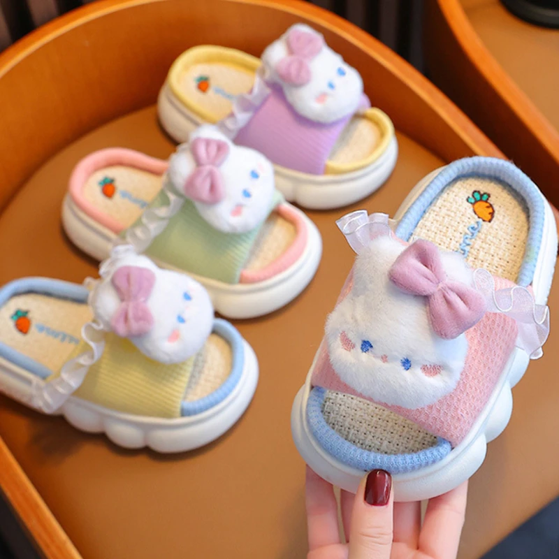 Children's Linen Bowknot Rabbit Slippers Girls Cute Cartoon Home Comfortable Slippers Kids Non-Slip Soft Breathable Flat Shoes