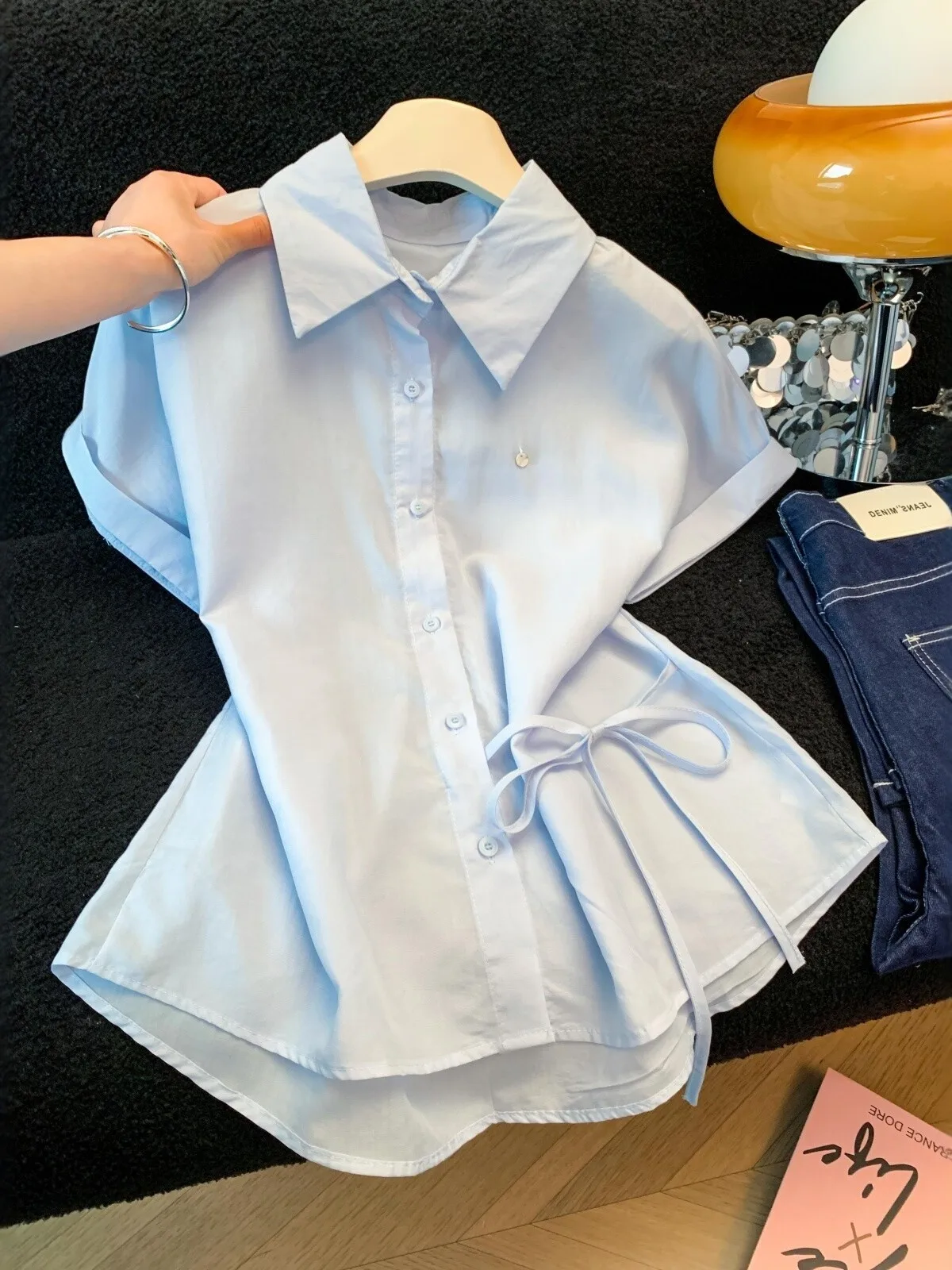 

Женская летняя рубашка с коротким рукавом в корейском стиле, с поясом, приталенная, дышащая, приятная к телу, новинка 2026 года