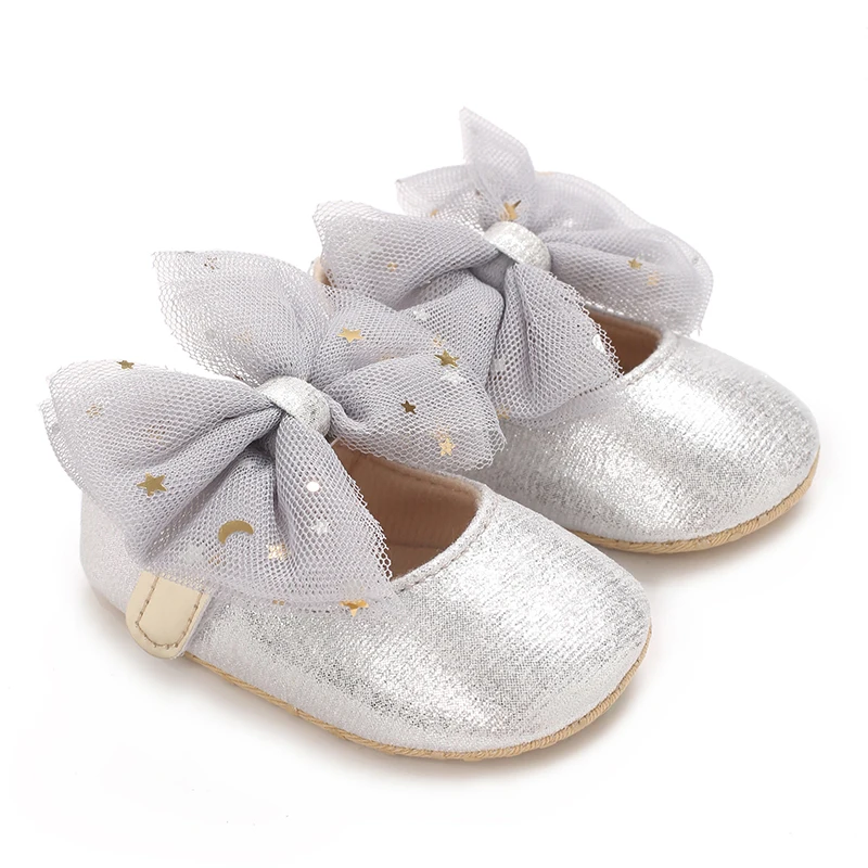 VALEN SINA Newborn Baby Shoes Silver Baby Girl Shoes Princess Shoes Classic Bow Sole Anti Slip Baby Walking Shoes