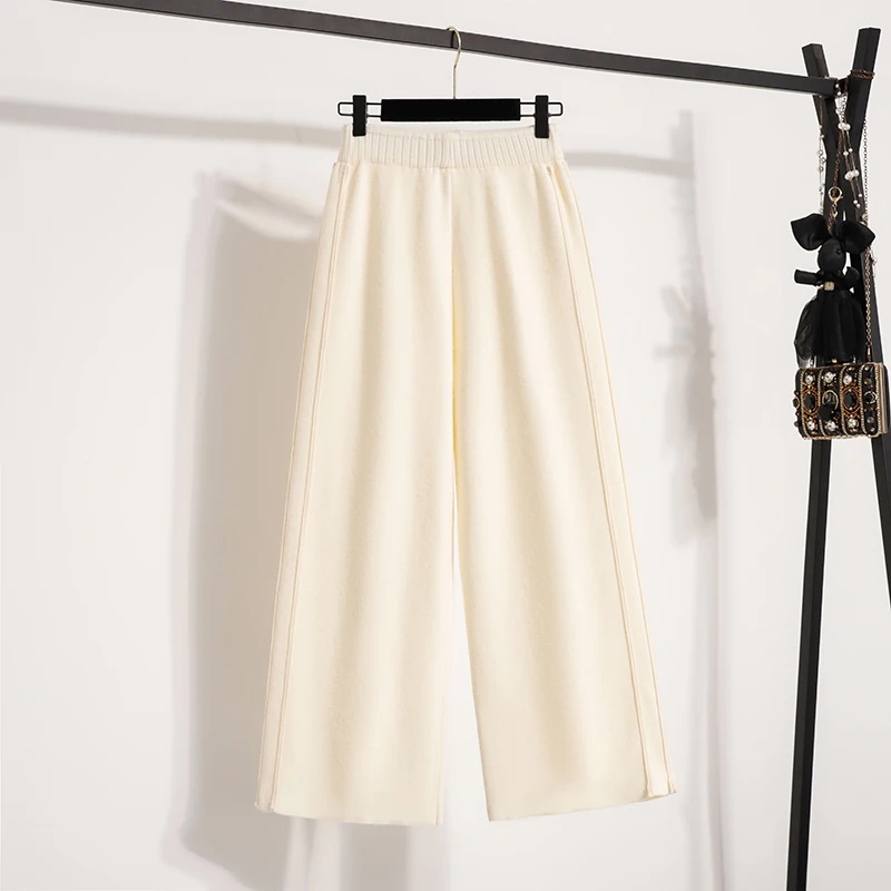 أصيلة محبوك بنطال ذو قصة أرجل واسعة عالية الخصر فضفاضة تناسب المرأة الخريف الشتاء تنوعا ملابس خارجية عادية مستقيم قطع بنطلون