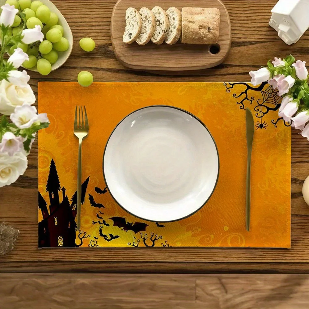 4pcs Halloween-Themed Placemats Set with Orange Sunset Design Featuring Ghosts, Witch Hats, Bats, and Pumpkins