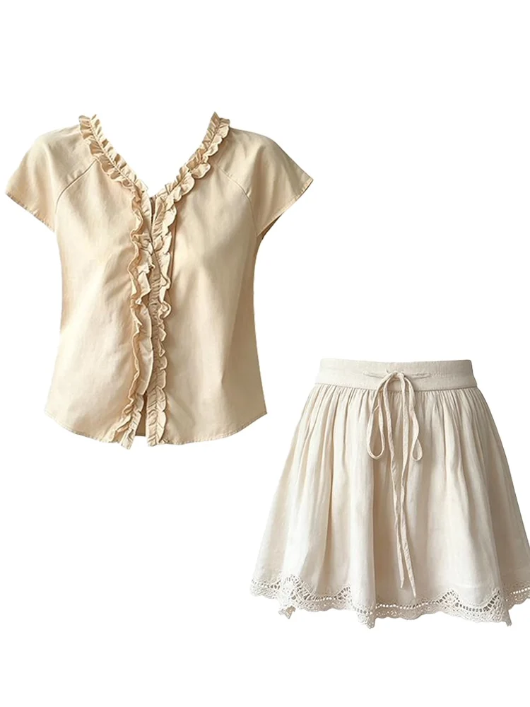 Parkyeon Korean Style Wooden  V-Neck Loose Short Sleeve Summer Unique Beautiful Hollow out Half Skirt Set Casual Fashion