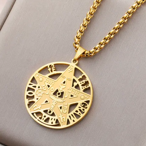 Dawapara Tetragrammaton Necklace Wiccan Pentagram Protection Amulet Blessed Prayer Stainless Steel Pendant Religious Jewelry