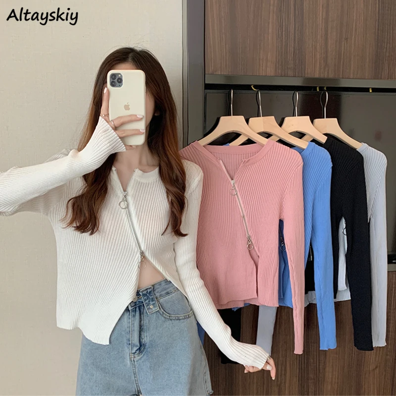 Cardigans Women Solid Asymmetrical Zip-up Swearers Y2k Female Spring Autumn Basic Knitted Clothes Slim Fashion Daily All-match