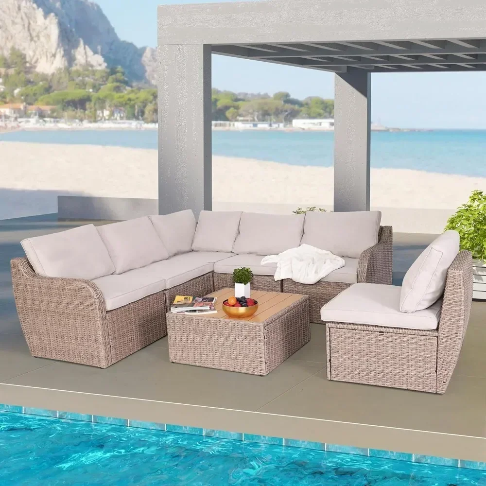 Garden Sofas, Outdoor Conversation Set with Waterproof Cushion and Coffee Table for Garden, Backyard Khaki Garden Sofas