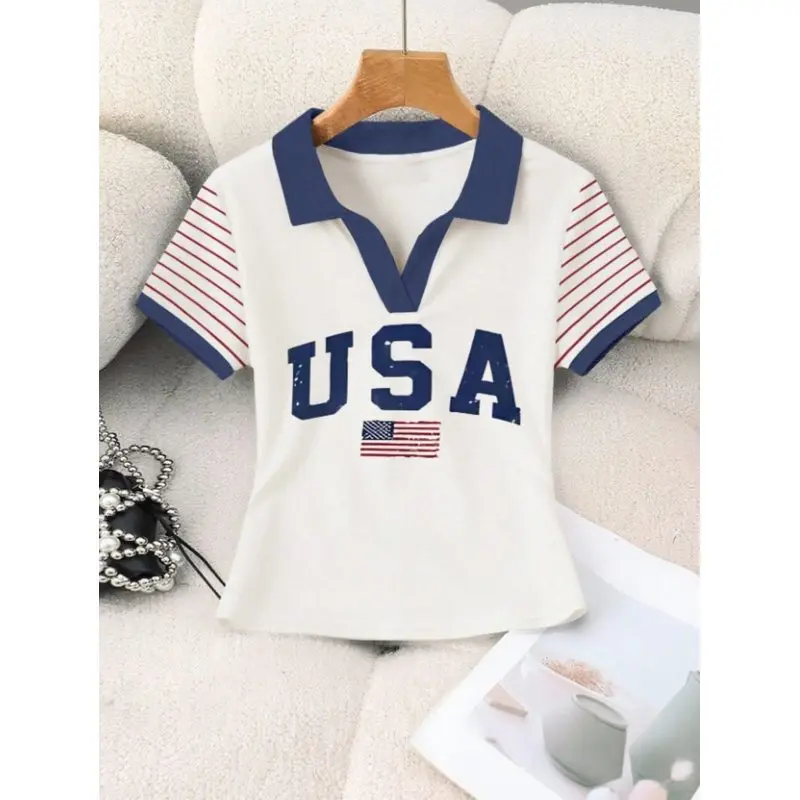 2026American Retro USA Digital print of national flag, slim fit, flattering for hot girlsWomen's Collared T-Shirt