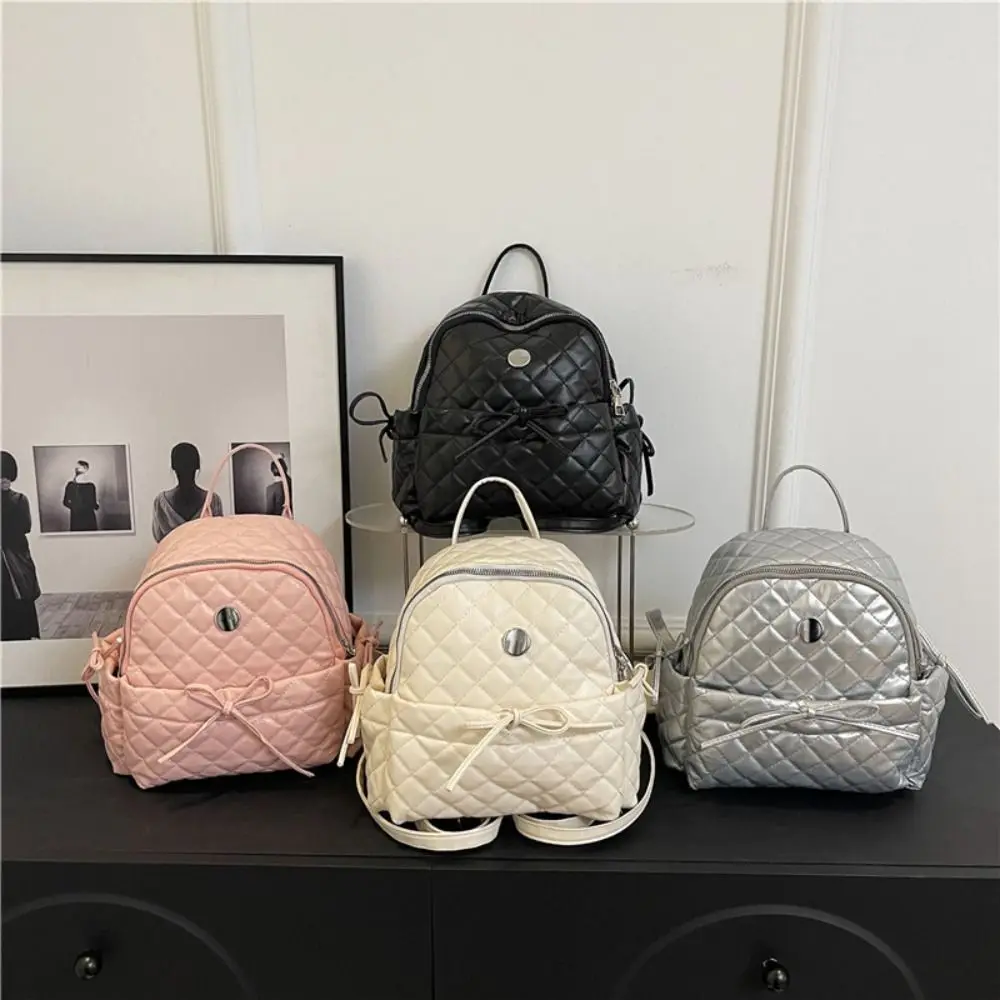 Small Korean Style Lattice Leather Backpack Bow Sweet Y2k Shool Bag Solid Color Top Handle Casual Knapsack Travel