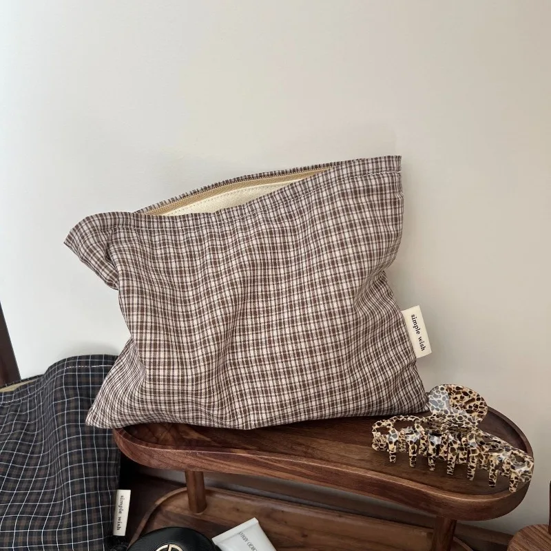 Vintage Striped Checkered Cosmetic Bag Soft Cotton Fabric Makeup Organizer Portable Travel Wash Bag For Ladies