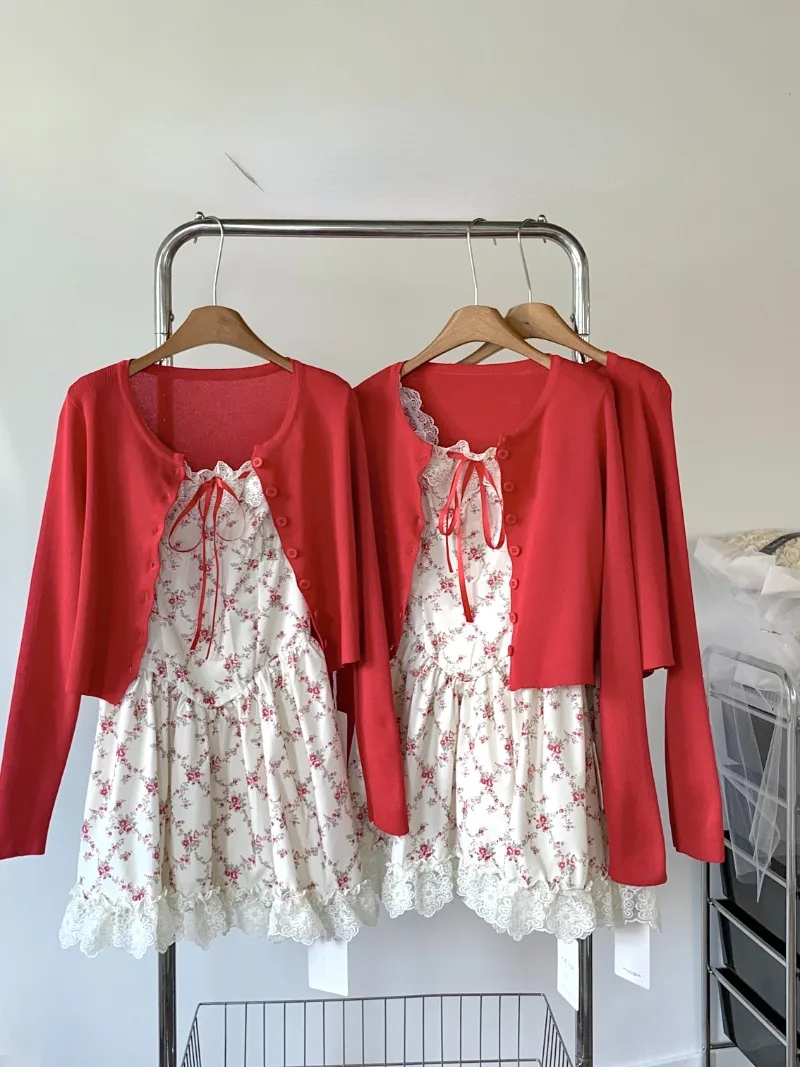 Sweet Cottagecore New Two Piece Set Women Red Knitted Cardigan +Cute Boho Mini Dress Female Print Casual Floral Dress Suit 2024