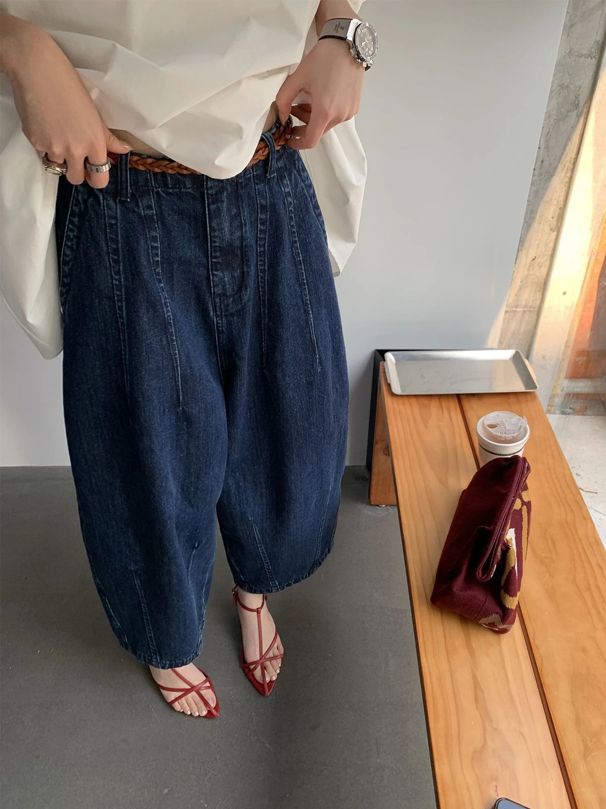 

Женские повседневные брюки-джинсы Deep Blue Nine-Tenths свободного кроя с широкими штанинами, осенняя новинка Sle Gakee Official