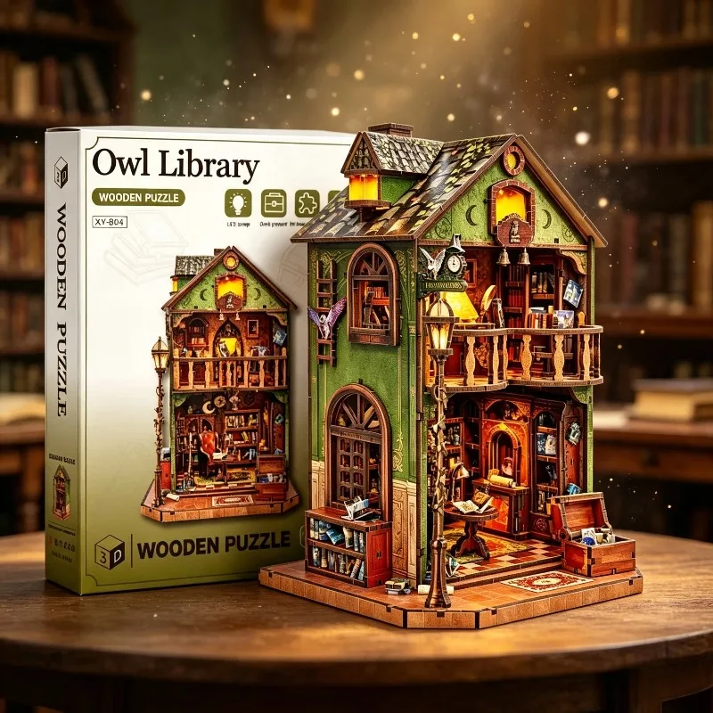 DIY Wooden Book Nook Owl Library Cottage Miniature Dollhouse 3D Puzzle Assembly Model Kits for Adults Birthday Gifts Home Decor