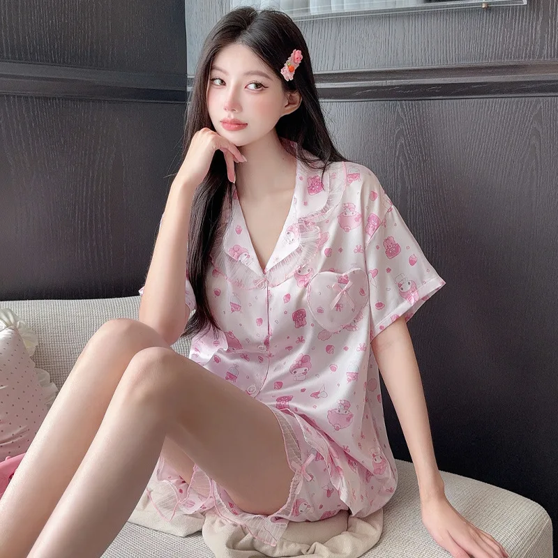 

Sanrio My Sweet Piano женские сексуальные пижамные комплекты для сна Kawaii мультфильм летние с короткими рукавами короткие ледяные шелковые пижамы домашняя одежда