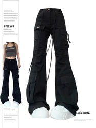 Women's Black Gothic Flare Jeans Vintage Cargo Cowboy Pants Harajuku Baggy Denim Trousers Y2k Oversize Trashy 2000s Clothes 2024