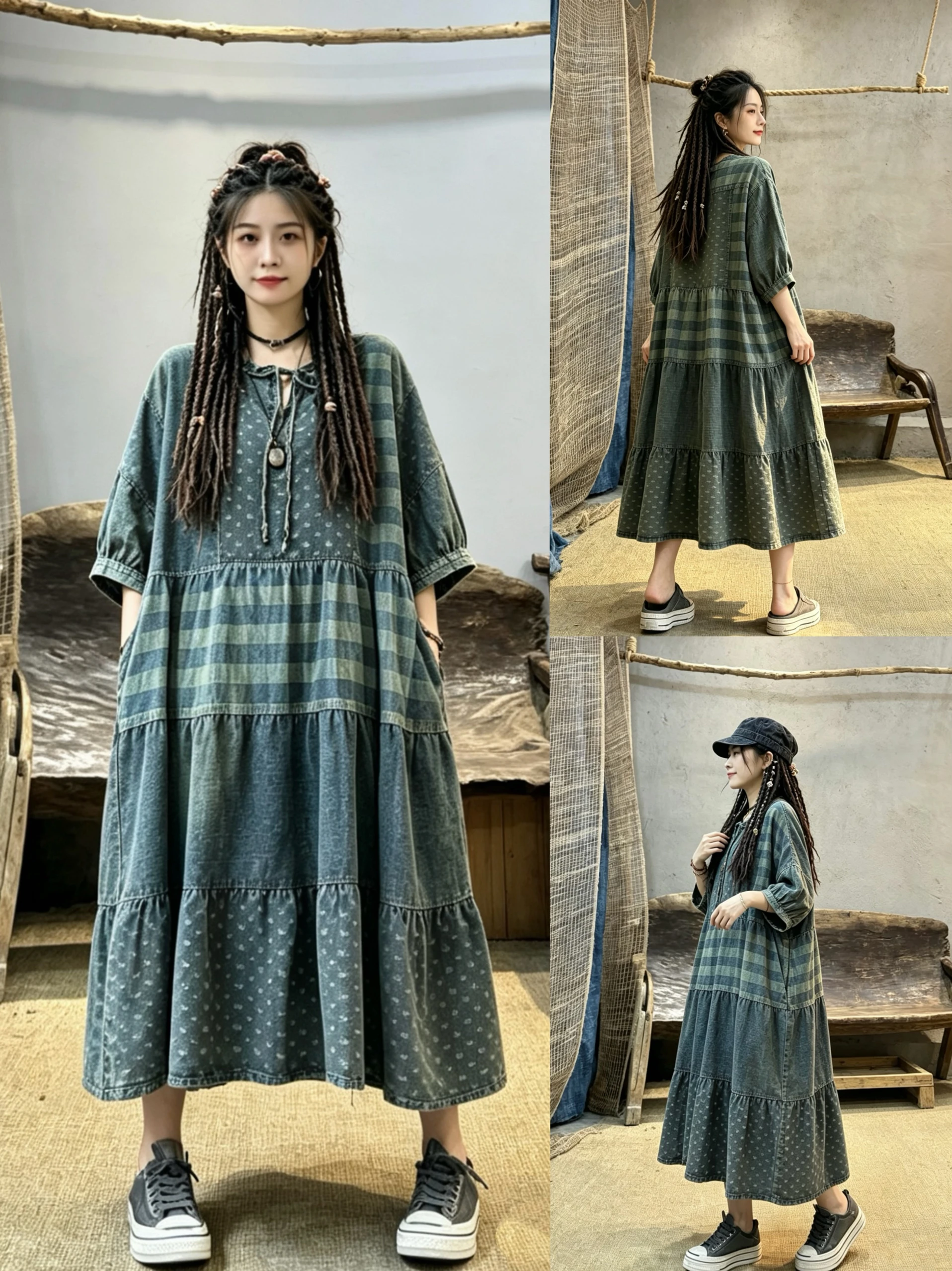 

Retro Patchwork Embroidered Denim Dress Women's Loose Casual Artistic Midi Skirt Commute Style High Waist Cotton Short Sleeve