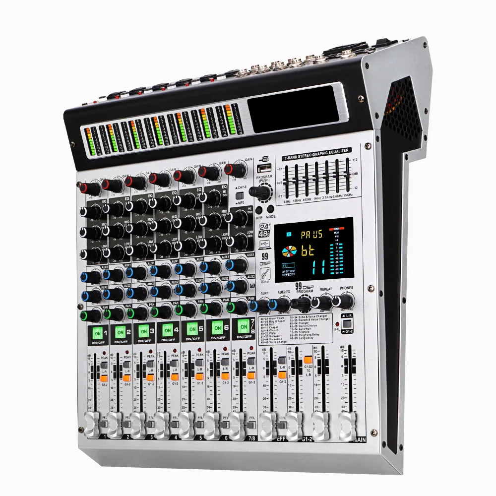 SenMicre MX8 8 Channel Sound Mixer Stage Performance DJ Mixing Console 12 Channel Sound Table Karaoke Built-in 99 Reverb Effects