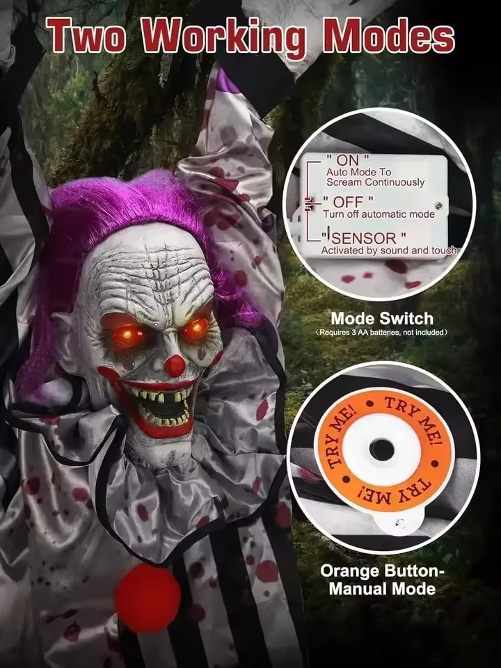 دعائم حفلات الهالوين مهرج معلق متحرك مع سلسلة عيون متوهجة صوت زاحف لتزيين ساحة المنزل المسكون في الهواء الطلق