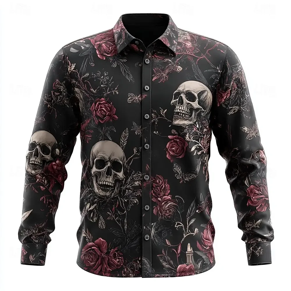 2026 New Halloween Men's Floral Skulls Shirt Button Up Shirt Long Sleeve Dark Gothic Style Streetwear Holiday