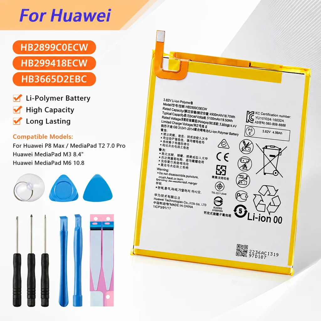 

Premium Replacement Tablet Battery HB2899C0ECW HB299418ECW HB3665D2EBC For Huawei MediaPad M3 8.4, M6 10.8, M5 Lite, T2 7.0 Pro