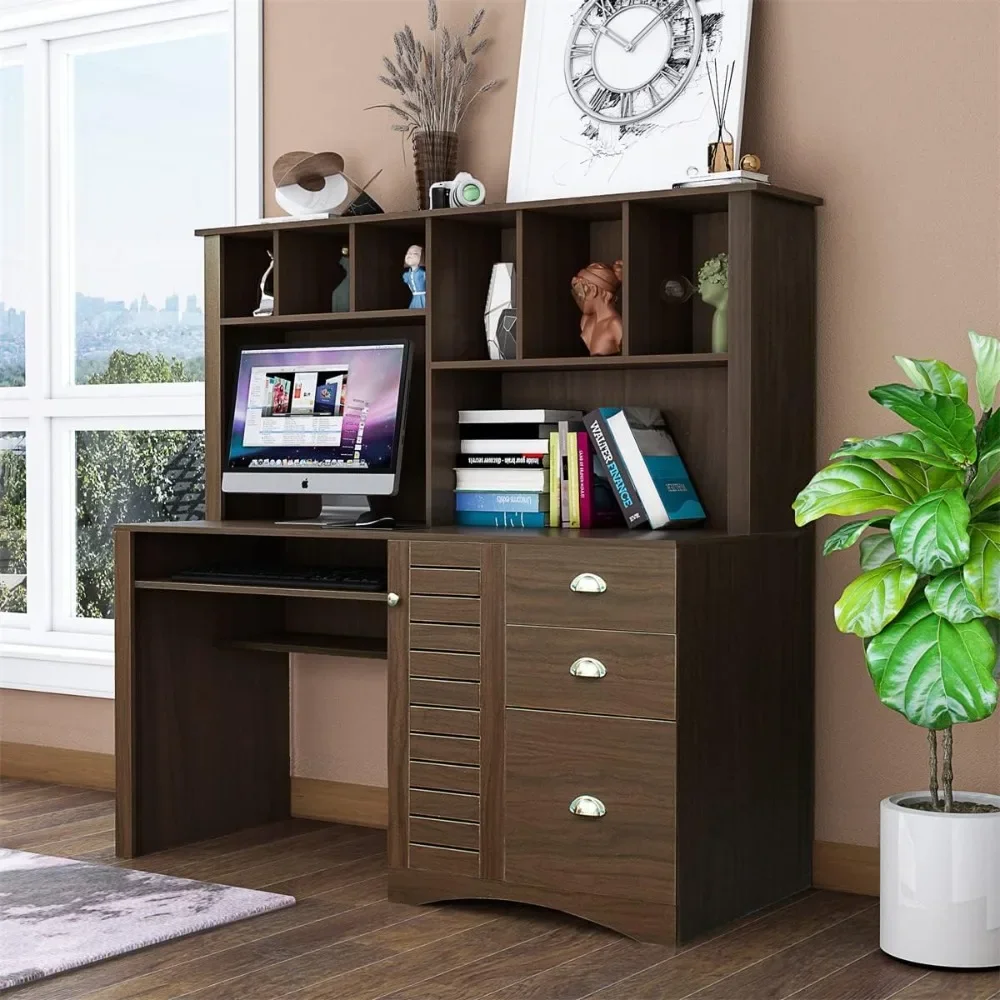 Computer Desk with Hutch & Keyboard Tray, Student Study Desk with 3 Large Drawers & 2-tier Open Bookshelf, Wood Executive Desk