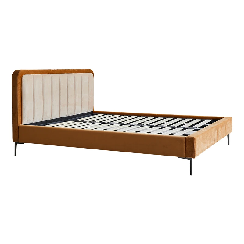 

Vintage solid wood queen bed, Nordic minimalist bedroom, log double bed, velvet fabric bed