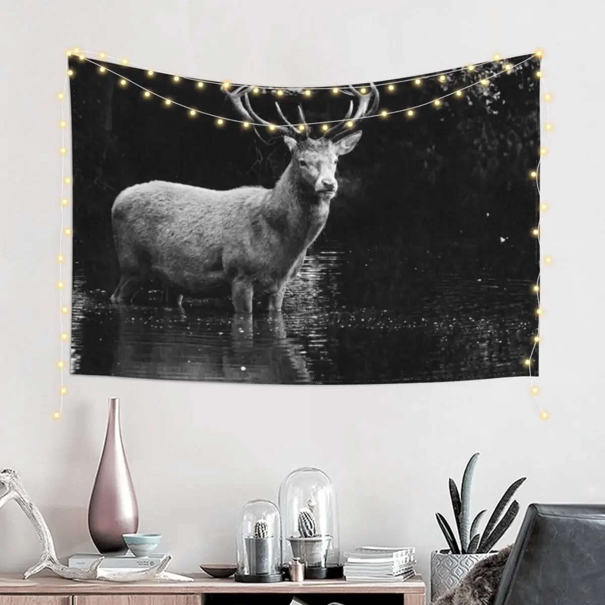 Deer Stag in River - Black and White Tapestry Wall Decor Hanging Cute Room Decor Custom Tapestry