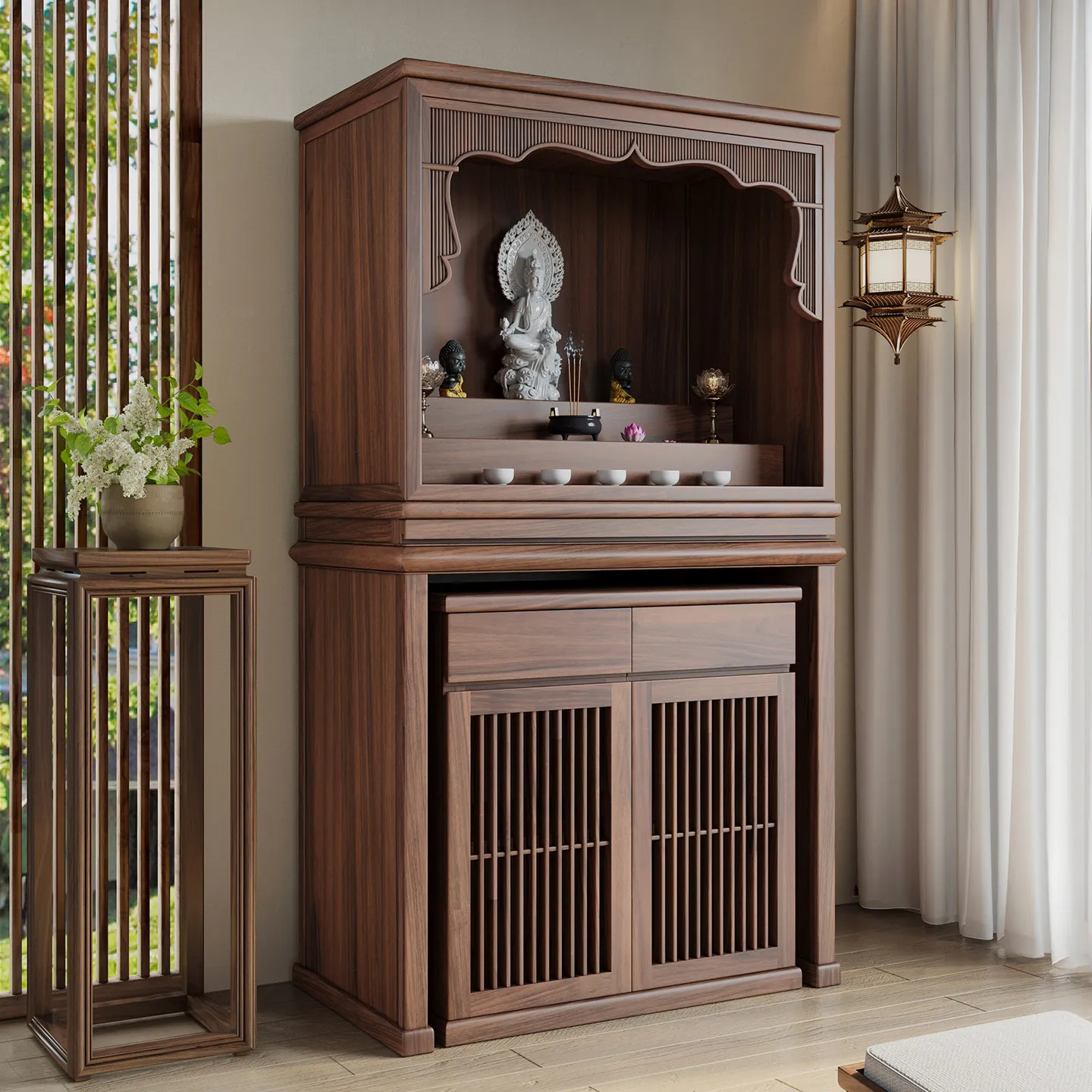 Buddhist shrine, stand cabinet, black walnut household Song style, carved Bodhisattva, Guanyin, God of Wealth, step shrine cabin