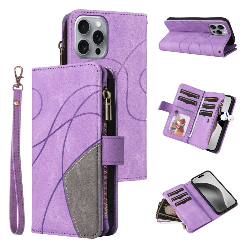 Wristlet Grip Wallet Case For iphone 7 8 11 12 13 14 15 16 Pro Max Plus XS XR Luxury Zippet Leather Lanyard 9 Card Slots Cover