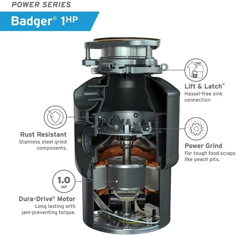 Garbage Disposal, Badger 1 HP, Power Series, 1 HP Continuous Feed,Black